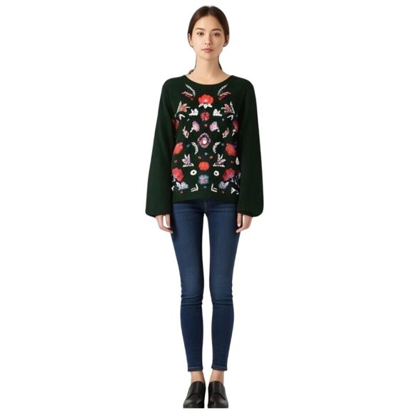 Black Floral Embroidered Cottagecore Sweater Pullover Art To Wear Artisanal - Picture 1 of 10